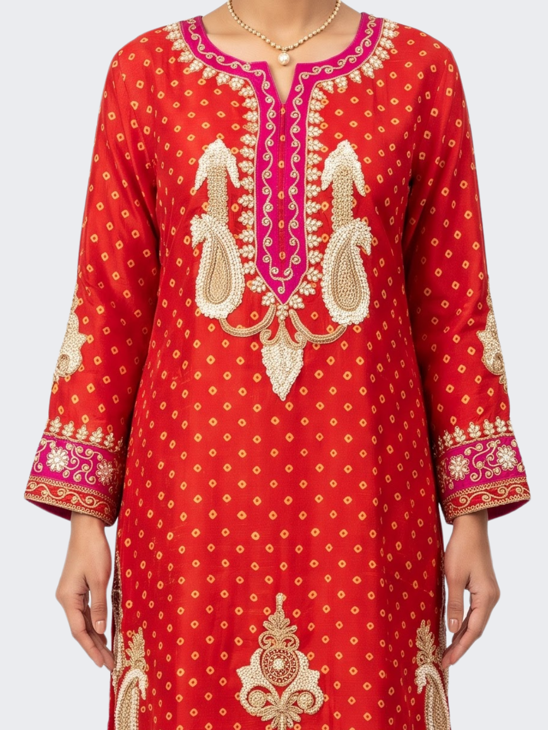 Red Raw Silk Shirt, Palazzo And Dupatta with Cutdana, Pearl and French Knot Embroidery 4